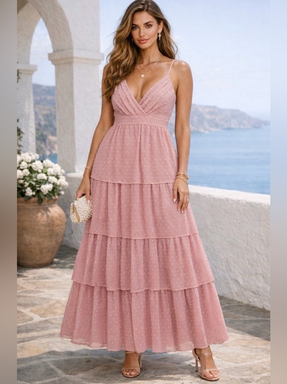 Lulus NWT Love Stays True Rose Swiss Dot Tiered Maxi Dress S